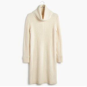 Madewell Cream Relaxed Turtle Neck Ribbed Sweater Dress Cozy Boots XS MerinoWool